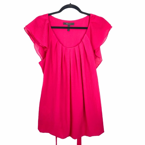 BCBGMAXAZRIA Azalea Pink Belted Ruffle Blouse, M - Picture 5 of 8